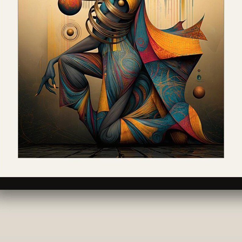 May include: A digital illustration featuring a stylized figure in a kneeling pose, adorned with layered gold neck rings. The figure wears intricate, flowing garments in shades of deep blue, orange, and gold, accented by floating spherical orbs.
