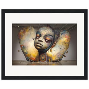 May include: A framed wall art print featuring a stylized, sculptural human head with closed eyes and intricate circular patterns. The head is set against a large, wing-like backdrop in shades of yellow, blue, and brown, with small flying insects.