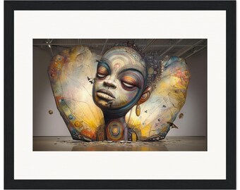 May include: A framed wall art print featuring a stylized, sculptural human head with closed eyes and intricate circular patterns. The head is set against a large, wing-like backdrop in shades of yellow, blue, and brown, with small flying insects.