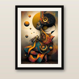 May include: A framed wall art print featuring a stylized figure with a large afro hairstyle adorned with a golden speaker element. The composition includes floating orange spheres, swirling golden rings, and abstract blue and orange fabric patterns.