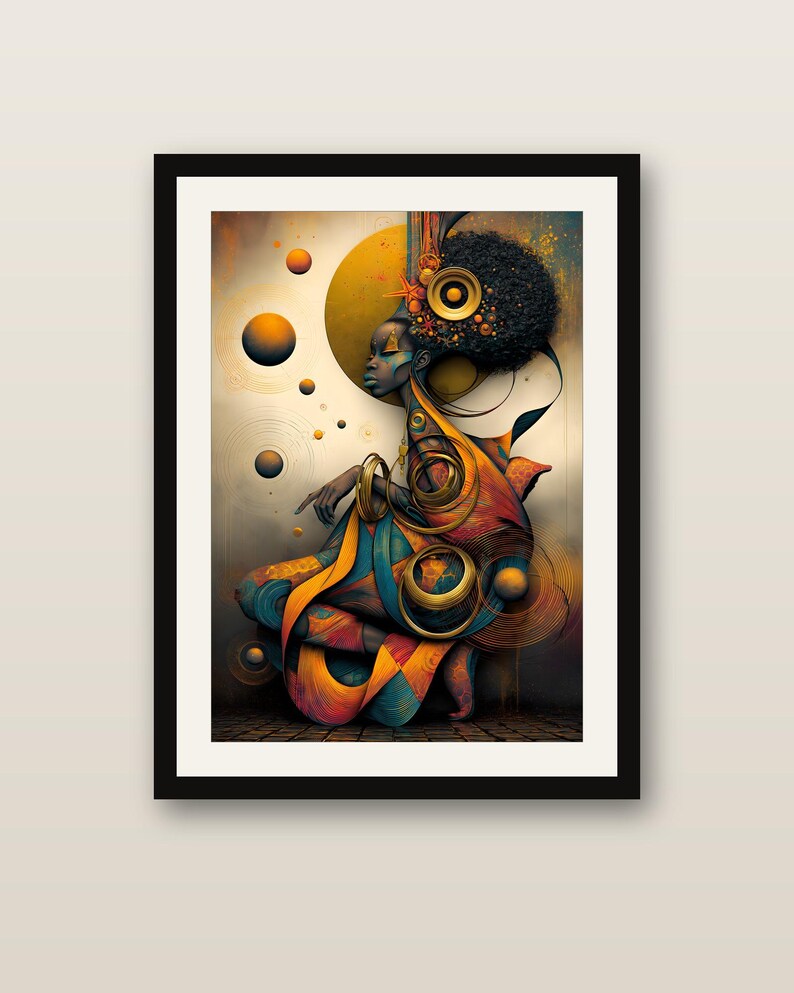 May include: A framed wall art print featuring a stylized figure with a large afro hairstyle adorned with a golden speaker element. The composition includes floating orange spheres, swirling golden rings, and abstract blue and orange fabric patterns.