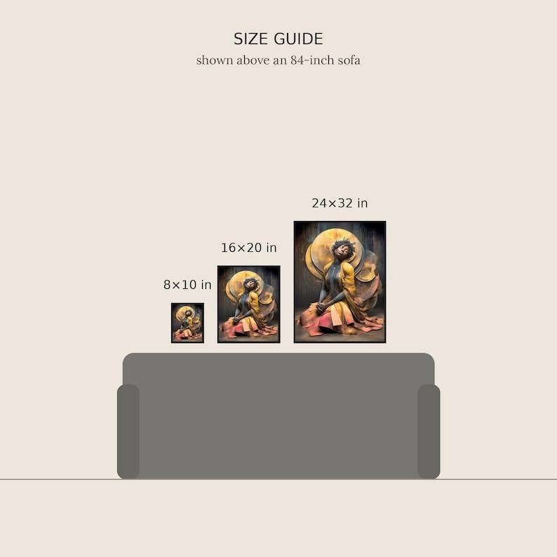 May include: A size guide graphic showing three framed prints in 8x10 inch, 16x20 inch, and 24x32 inch sizes positioned above an 84-inch sofa. The artwork depicts a figure in yellow and red robes against a circular gold background.