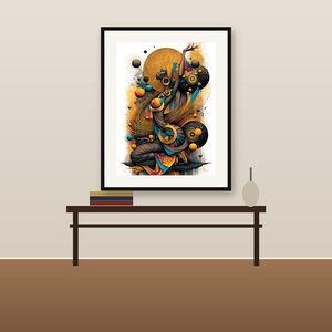 May include: A framed wall art print featuring a stylized figure with dark skin, adorned in vibrant blue and orange garments, reaching upward toward a large golden circular element. The composition includes swirling lines and floating spheres.