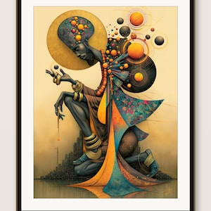May include: A framed digital art print depicting a kneeling figure with dark skin, wearing gold bracelets and a tall, textured headpiece. The figure is surrounded by floating orange and black spheres, with a golden halo and flowing, colorful fabric.