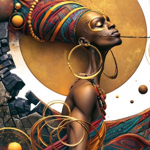 Pode incluir: Um retrato de uma pessoa de pele escura usando um grande len&ccedil;o de cabe&ccedil;a com padr&otilde;es coloridos, brincos de argola dourados grandes e um colar de contas. A figura tem marcas faciais douradas sobre um fundo circular dourado.
