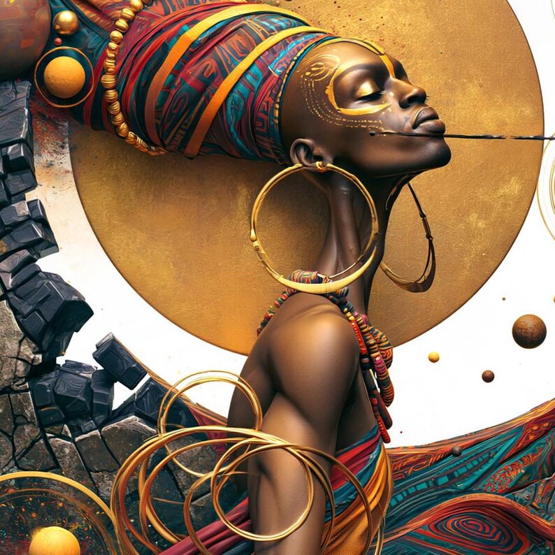 Pode incluir: Um retrato de uma pessoa de pele escura usando um grande len&ccedil;o de cabe&ccedil;a com padr&otilde;es coloridos, brincos de argola dourados grandes e um colar de contas. A figura tem marcas faciais douradas sobre um fundo circular dourado.