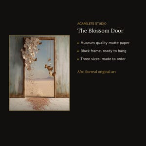 May include: A framed art print titled The Blossom Door by AGAPELETE STUDIO. The image depicts a doorway opening to a desert landscape with white floral clusters and butterflies suspended in the air, with petals scattered on the floor.