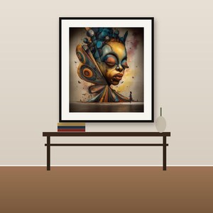 May include: A framed wall art print featuring a surreal, stylized portrait of a face with closed eyes, adorned with large, colorful, wing-like structures in shades of orange, blue, and yellow, set against a soft, hazy, multi-colored background.