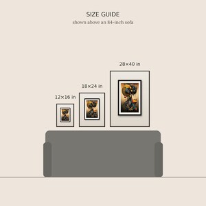 May include: A size guide graphic showing three framed art prints above an 84-inch sofa. The prints are labeled with dimensions 12x16 in, 18x24 in, and 28x40 in. Each frame contains an abstract illustration with yellow, blue, and black circular shapes.