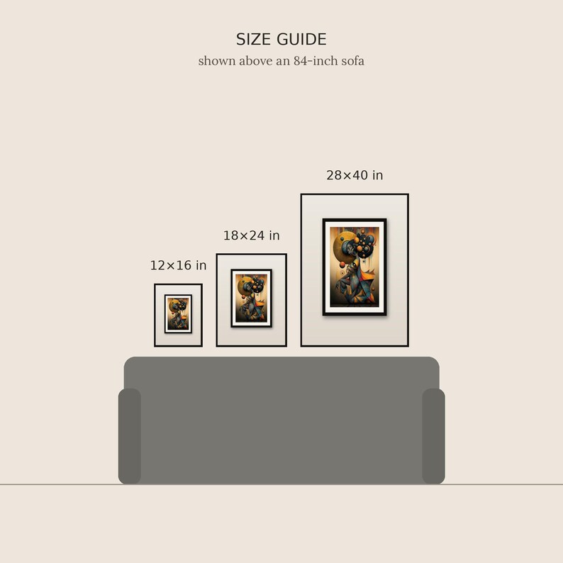 May include: A size guide graphic showing three framed art prints above an 84-inch sofa. The prints are labeled with dimensions 12x16 in, 18x24 in, and 28x40 in. Each frame contains an abstract illustration with yellow, blue, and black circular shapes.