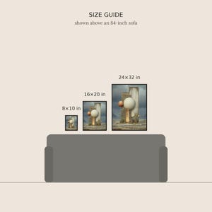 May include: A size guide graphic displaying three framed rectangular art prints in 8x10 inch, 16x20 inch, and 24x32 inch sizes, positioned above a gray 84-inch sofa. The artwork features abstract spheres and geometric structures.