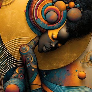 May include: A digital illustration featuring a person with dark skin and textured hair, adorned with intricate, swirling patterns in shades of orange, teal, and gold. The composition includes circular planetary shapes and golden rings.