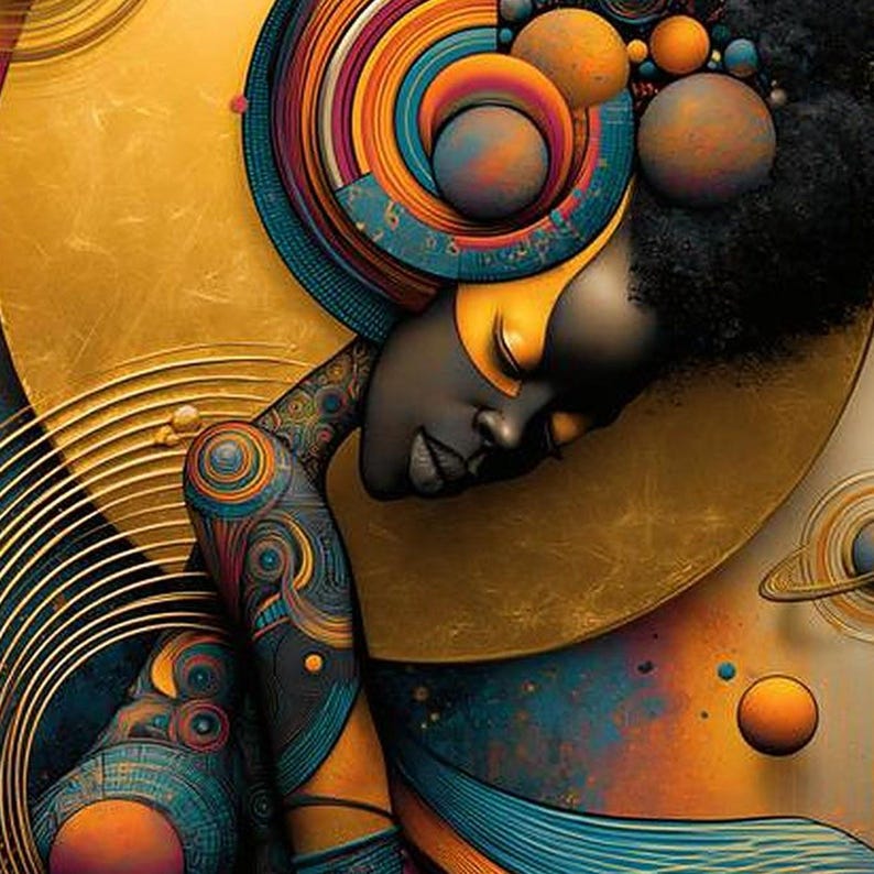 May include: A digital illustration featuring a person with dark skin and textured hair, adorned with intricate, swirling patterns in shades of orange, teal, and gold. The composition includes circular planetary shapes and golden rings.