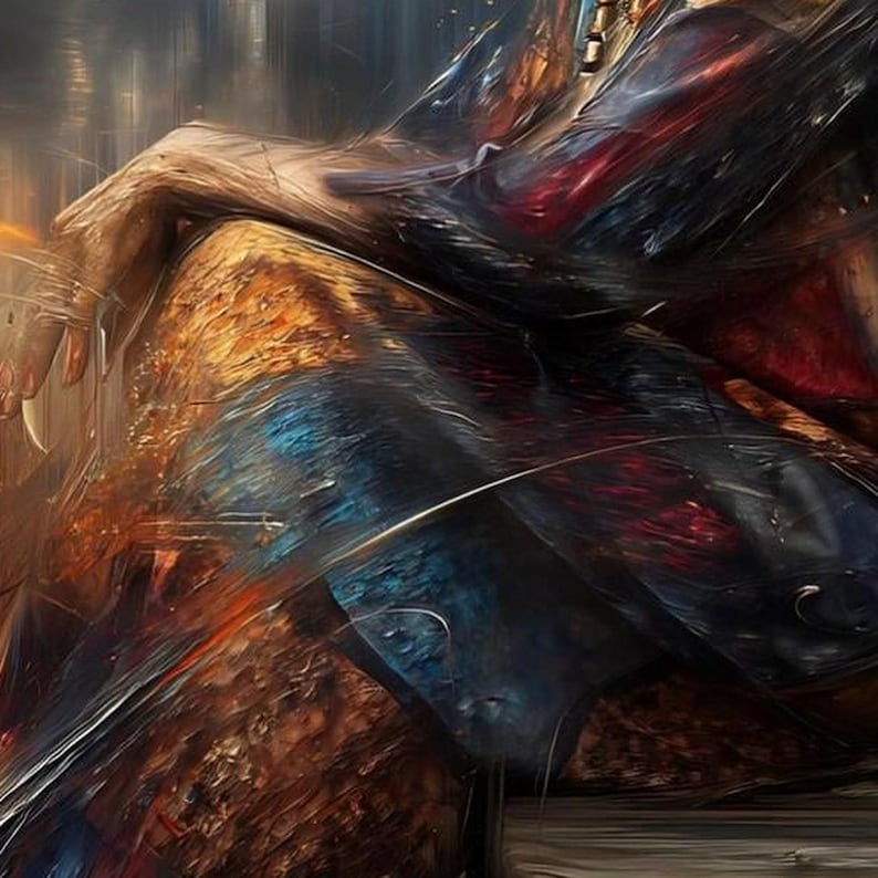 May include: An abstract digital painting featuring a figure with a textured, golden-brown lower section and a dark, flowing upper garment with deep red and blue highlights, rendered with expressive, sweeping brushstrokes and light streaks.