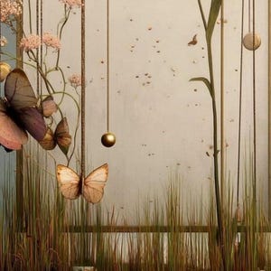 May include: A decorative mobile featuring hanging butterflies in shades of brown and tan, delicate pink floral sprigs, thin gold-toned metal rods, and small suspended gold spheres, all arranged against a light, neutral-toned rectangular frame.