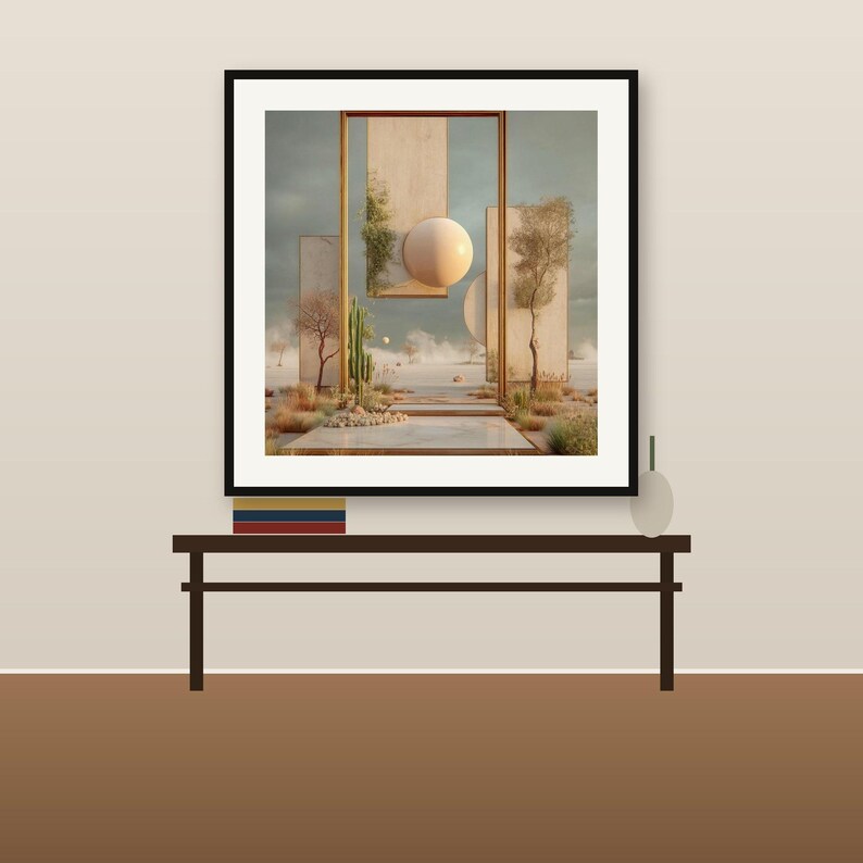 May include: A framed wall art print featuring a surreal desert landscape with tall rectangular panels, a large beige sphere, a cactus, and sparse trees under a cloudy sky, displayed in a black frame on a dark brown console table.