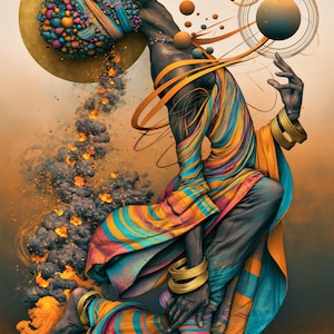 May include: A digital illustration of a figure in a striped orange and blue garment, wearing a textured headwrap and gold bracelets. The figure is surrounded by floating spheres, planetary rings, and a plume of smoke with orange embers.