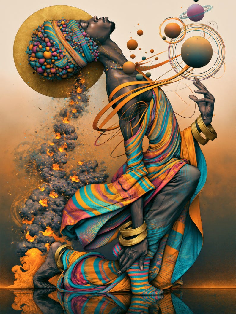 May include: A digital illustration of a figure in a striped orange and blue garment, wearing a textured headwrap and gold bracelets. The figure is surrounded by floating spheres, planetary rings, and a plume of smoke with orange embers.