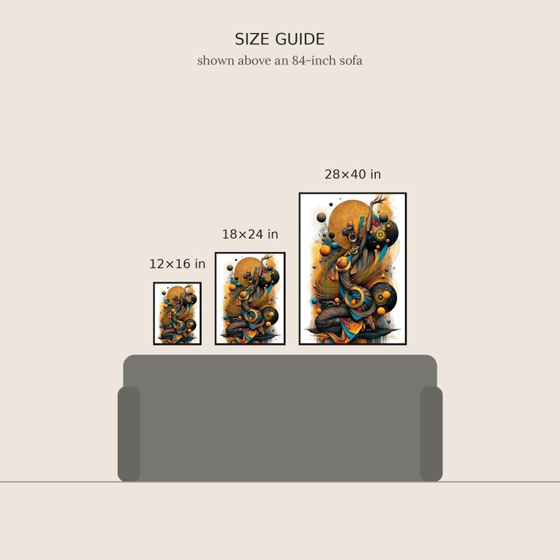 May include: A size guide graphic displaying three framed art prints above an 84-inch sofa. The prints feature an abstract figure with gold, blue, and black circular elements. Sizes labeled are 12x16 inches, 18x24 inches, and 28x40 inches.