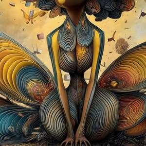 May include: A surreal digital illustration featuring a central figure with a stylized, layered body composed of concentric blue and yellow lines. The figure is surrounded by floating geometric shapes, small butterfly-like forms, and debris.