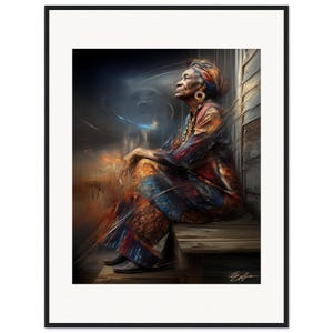 May include: A framed art print featuring an elderly person with a head wrap, wearing a patterned garment with blue, orange, and red tones. The person sits on wooden steps, looking upward, with abstract motion lines and a signature in the corner.