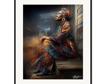 May include: A framed art print featuring an elderly person with a head wrap, wearing a patterned garment with blue, orange, and red tones. The person sits on wooden steps, looking upward, with abstract motion lines and a signature in the corner.