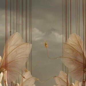 May include: A series of pale, translucent, wing-like structures suspended by thin, vertical copper-colored wires against a cloudy, muted gray sky. The wings feature delicate, vein-like patterns and are connected by fine, thin, curved filaments.