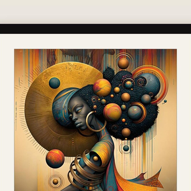 May include: A digital art print featuring a person with dark skin and textured hair adorned with golden spheres and celestial orbs. The composition includes a large golden sun-like disc, layered rings on the arms, and a vibrant color palette.