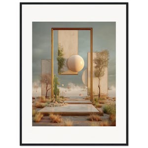 May include: A framed wall art print featuring a desert landscape with a golden rectangular frame, a central sphere, vertical panels, a cactus, and sparse vegetation under a cloudy sky, all enclosed in a thin black frame.