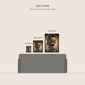 May include: A size guide graphic displaying three rectangular art prints above an 84-inch sofa. The prints feature a stylized portrait in blue, gold, and brown tones, labeled with dimensions of 8x10 inches, 16x20 inches, and 24x32 inches.