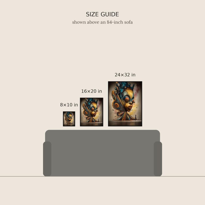 May include: A size guide graphic displaying three rectangular art prints above an 84-inch sofa. The prints feature a stylized portrait in blue, gold, and brown tones, labeled with dimensions of 8x10 inches, 16x20 inches, and 24x32 inches.