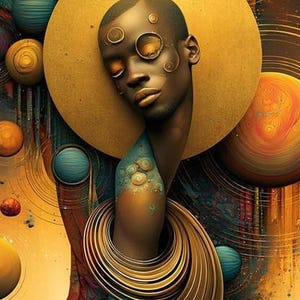Op de afbeelding: Een digitale kunstdruk van een persoon met een donkere huid, gouden cirkelvormige accenten op het gezicht en de schouder, en een grote gouden halo. De compositie bevat diverse oranje en blauwe bollen tegen een abstracte kosmische achtergrond.