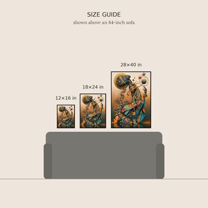 May include: A size guide for wall art prints featuring three framed illustrations of a figure in colorful robes with celestial spheres. The sizes are labeled 12x16 inches, 18x24 inches, and 28x40 inches, shown positioned above an 84-inch sofa.