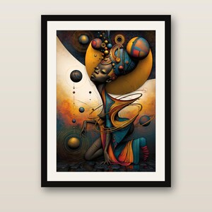 May include: A framed digital art print featuring a kneeling figure with dark skin, adorned in an elaborate blue and orange headpiece. The composition includes floating spheres, swirling golden rings, and a vibrant cosmic background.