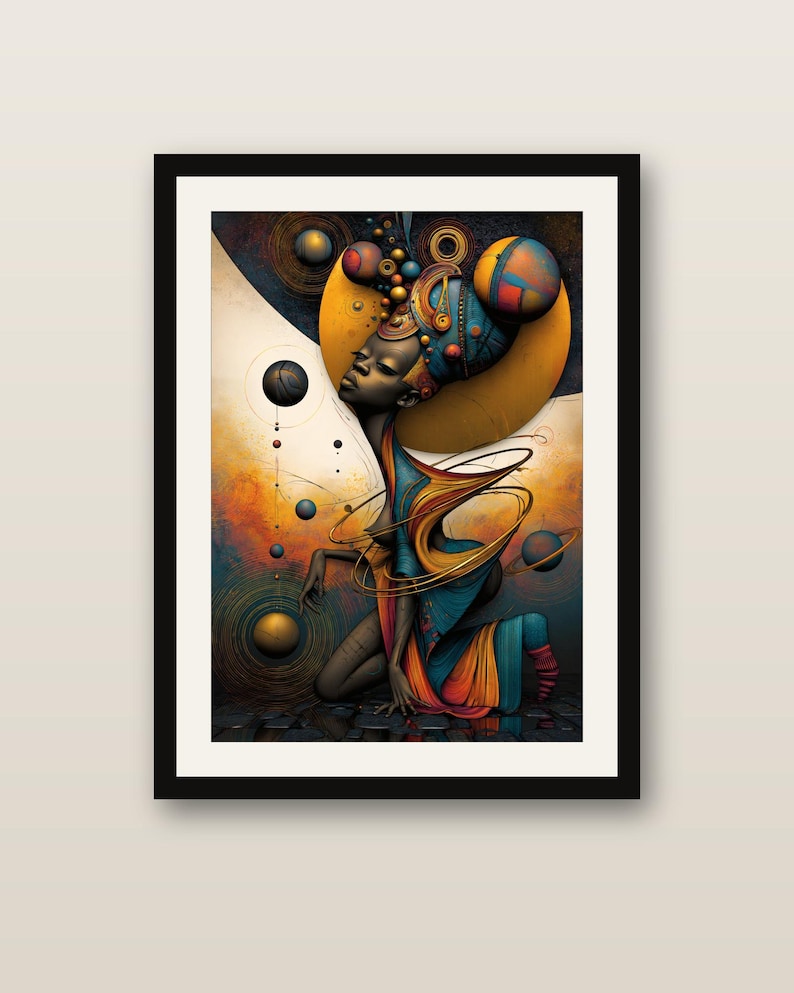 May include: A framed digital art print featuring a kneeling figure with dark skin, adorned in an elaborate blue and orange headpiece. The composition includes floating spheres, swirling golden rings, and a vibrant cosmic background.