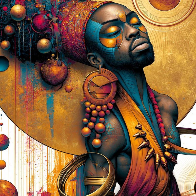 May include: A digital illustration of a person with dark skin wearing a large, ornate headpiece, a circular earring with dangling beads, and a necklace with pointed charms. The composition features vibrant gold, blue, and red tones.