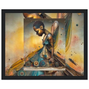 May include: A framed wall art print featuring a stylized figure with a metallic bronze complexion and short hair. The figure wears a dress composed of layered, fan-like panels and circular accents in shades of blue, gold, and brown.