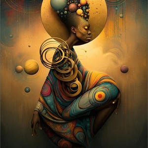 K&ouml;nnte beinhalten: Eine digitale Illustration einer Figur mit dunkler Haut, verziert mit goldenen Gesichtsmarkierungen und einem Kopfschmuck aus bunten Kugeln, bekleidet mit einem gemusterten Gewand mit wirbelnden blauen, orangen und roten Designs, umgeben von schwebenden Planeten.