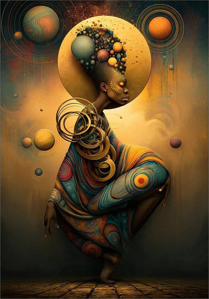 K&ouml;nnte beinhalten: Eine digitale Illustration einer Figur mit dunkler Haut, verziert mit goldenen Gesichtsmarkierungen und einem Kopfschmuck aus bunten Kugeln, bekleidet mit einem gemusterten Gewand mit wirbelnden blauen, orangen und roten Designs, umgeben von schwebenden Planeten.