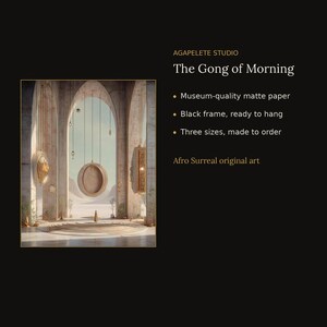 May include: A framed art print titled The Gong of Morning by Agapelete Studio. The image depicts a surreal architectural scene with stone arches, hanging circular gongs, and a small figure standing on a circular platform in a desert landscape.