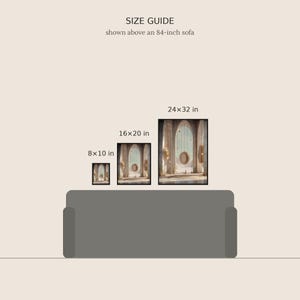 May include: A size guide graphic showing three framed prints above an 84-inch sofa. The prints are labeled 8x10 in, 16x20 in, and 24x32 in, illustrating the scale of the artwork relative to the furniture in a clear, comparative layout.