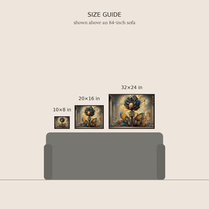 May include: A size guide graphic showing three framed rectangular prints above an 84-inch sofa. The prints are labeled 10x8 in, 20x16 in, and 32x24 in. Each print features a central figure with dark hair and colorful, petal-like shapes.