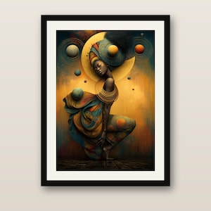 K&ouml;nnte beinhalten: Ein gerahmter Kunstdruck mit einer Figur in einem Kopftuch und flie&szlig;enden Gew&auml;ndern, geschm&uuml;ckt mit goldenen Halsringen. Die Komposition umfasst Himmelsk&ouml;rper, eine gro&szlig;e goldene Mondsichel und einen warmen, bernsteinfarbenen Hintergrund.
