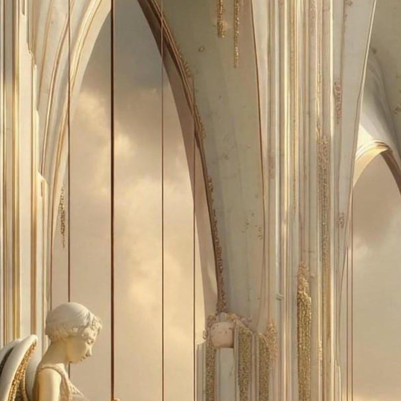 Op de afbeelding: Een wit marmeren standbeeld van een engel met vleugels voor hoge, boogvormige architecturale zuilen. De structuur heeft verticale goudkleurige accenten en ingewikkeld houtsnijwerk, tegen een zachte, bewolkte, goudkleurige lucht.