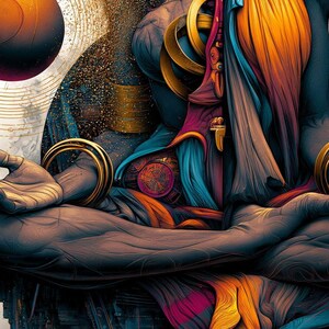 May include: A digital illustration featuring a stylized figure with dark skin tones, adorned with multiple gold-colored arm rings and intricate, flowing garments in shades of orange, magenta, and teal, set against a cosmic background.
