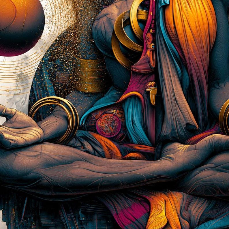 May include: A digital illustration featuring a stylized figure with dark skin tones, adorned with multiple gold-colored arm rings and intricate, flowing garments in shades of orange, magenta, and teal, set against a cosmic background.