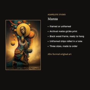 Op de afbeelding: Een archiefwaardige matte gicl&eacute;e-print getiteld Mansa van Agapelete Studio. Het kunstwerk toont een figuur met een gouden halo, gekleed in blauwe en oranje patronen, omringd door zwevende bollen tegen een warme, gouden achtergrond.