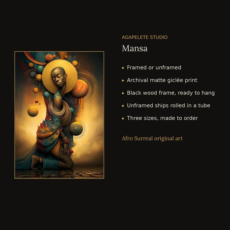 Op de afbeelding: Een archiefwaardige matte gicl&eacute;e-print getiteld Mansa van Agapelete Studio. Het kunstwerk toont een figuur met een gouden halo, gekleed in blauwe en oranje patronen, omringd door zwevende bollen tegen een warme, gouden achtergrond.