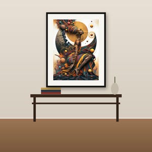 Pode incluir: Uma impress&atilde;o art&iacute;stica emoldurada apresentando uma figura de pele escura com um turbante elaborado, vestida com roupas fluidas de cores vibrantes. A composi&ccedil;&atilde;o inclui esferas celestiais, um grande sol dourado e uma forma de lua crescente.