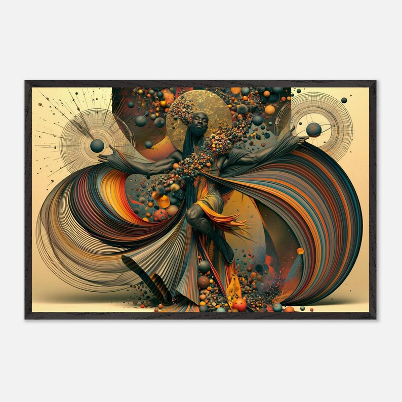 Ingelijste wanddecoratie met Afro-Amerikaanse dans, Jubilee, zwarte kunstprint, Afro-surrealistische decoratie in goud en brons, klaar om op te hangen. afbeelding 3
